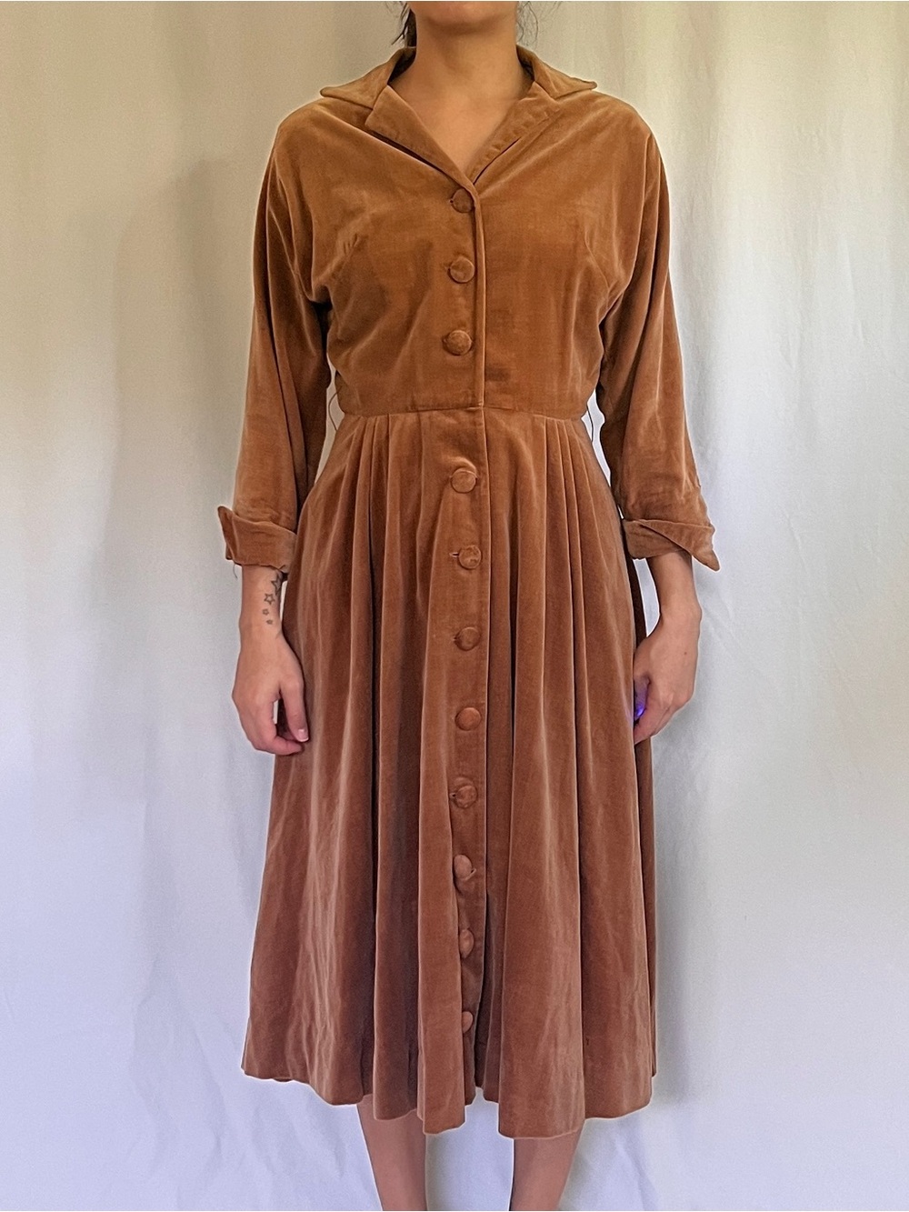 Vintage 50s Jonathan Logan Rust Brown Velvet Button-Front Shirt Dress